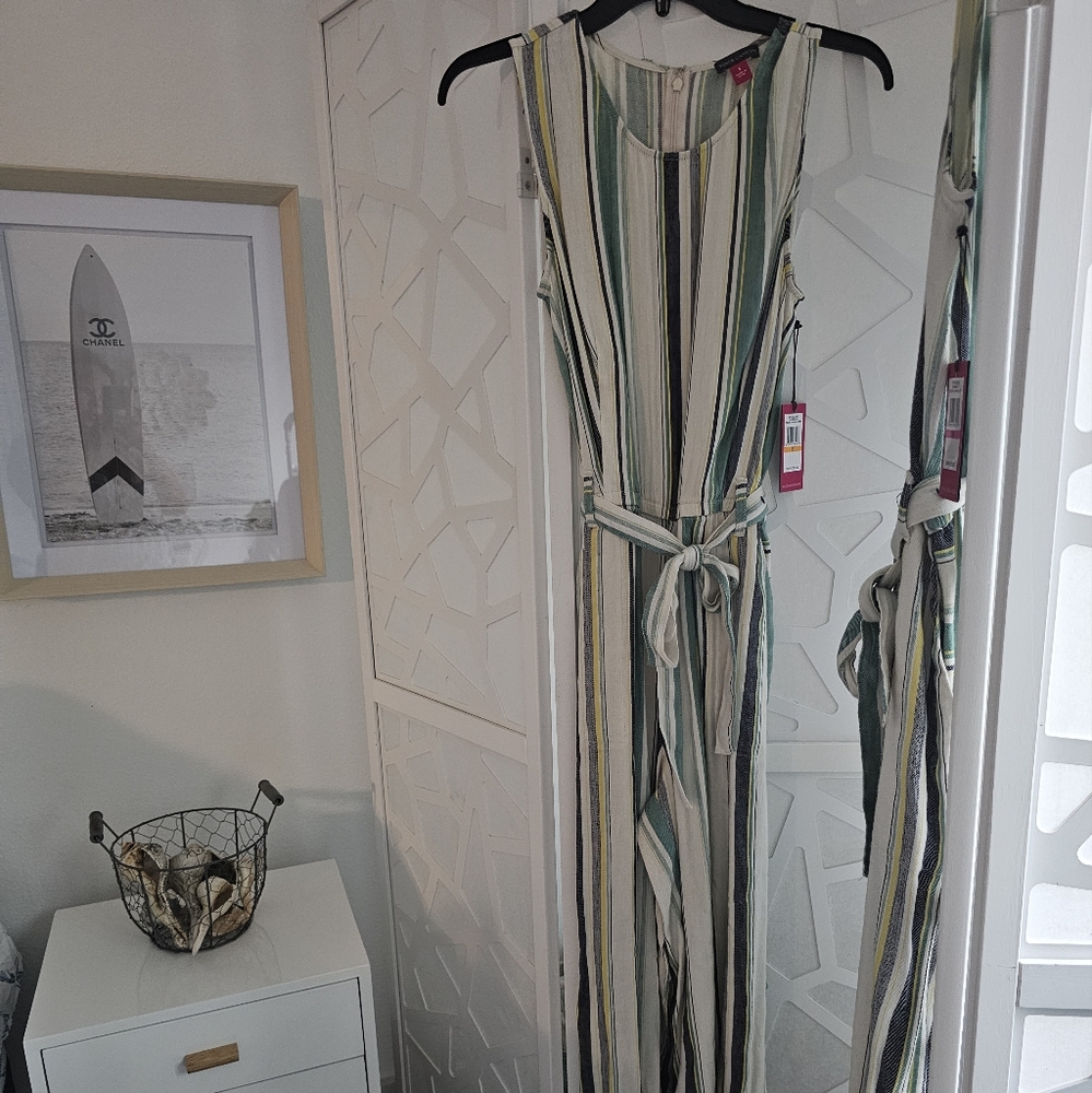 Vince Camuto linen jumpsuit in ivory pearl with sea glass, navy stripes